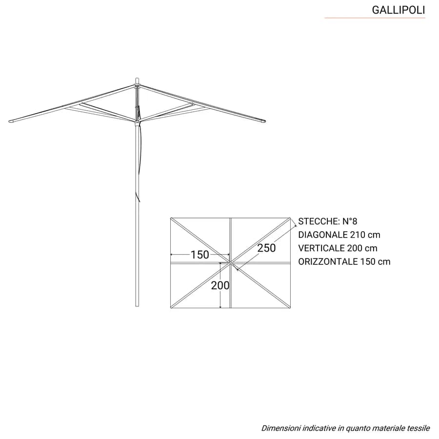 Ombrellone con palo centrale in legno 3x4 m e telo rosso mattone con volant - Gallipoli