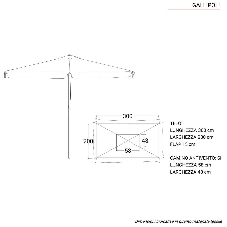 Ombrellone da giardino 2x3 m palo centrale telo blu navy con flap - Gallipoli