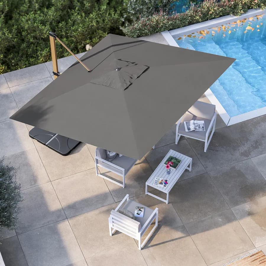 Ombrellone da giardino 3x3 m con palo laterale effetto legno e telo in tessuto olefin grigio marte - Saguaro