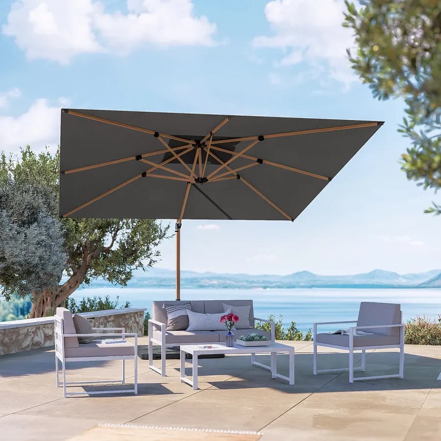 Ombrellone da giardino 3x3 m con palo laterale effetto legno e telo in tessuto olefin grigio marte - Saguaro