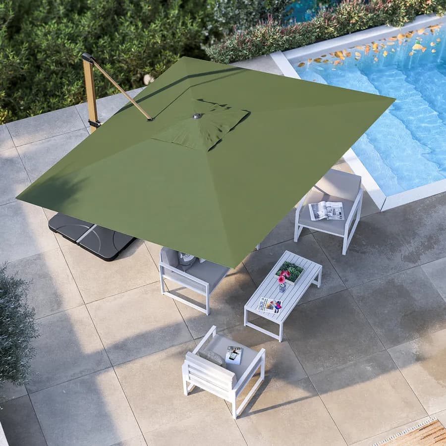 Ombrellone da giardino 3x3 m con palo laterale effetto legno e telo in tessuto olefin verde venere - Saguaro