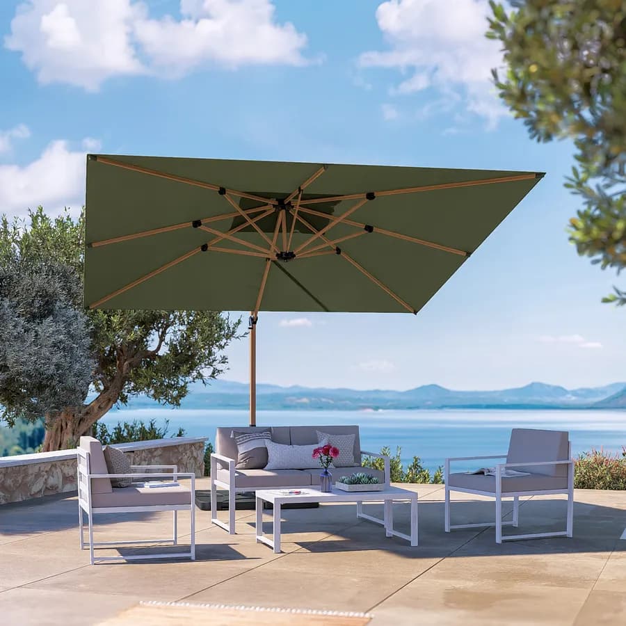 Ombrellone da giardino 3x3 m con palo laterale effetto legno e telo in tessuto olefin verde venere - Saguaro