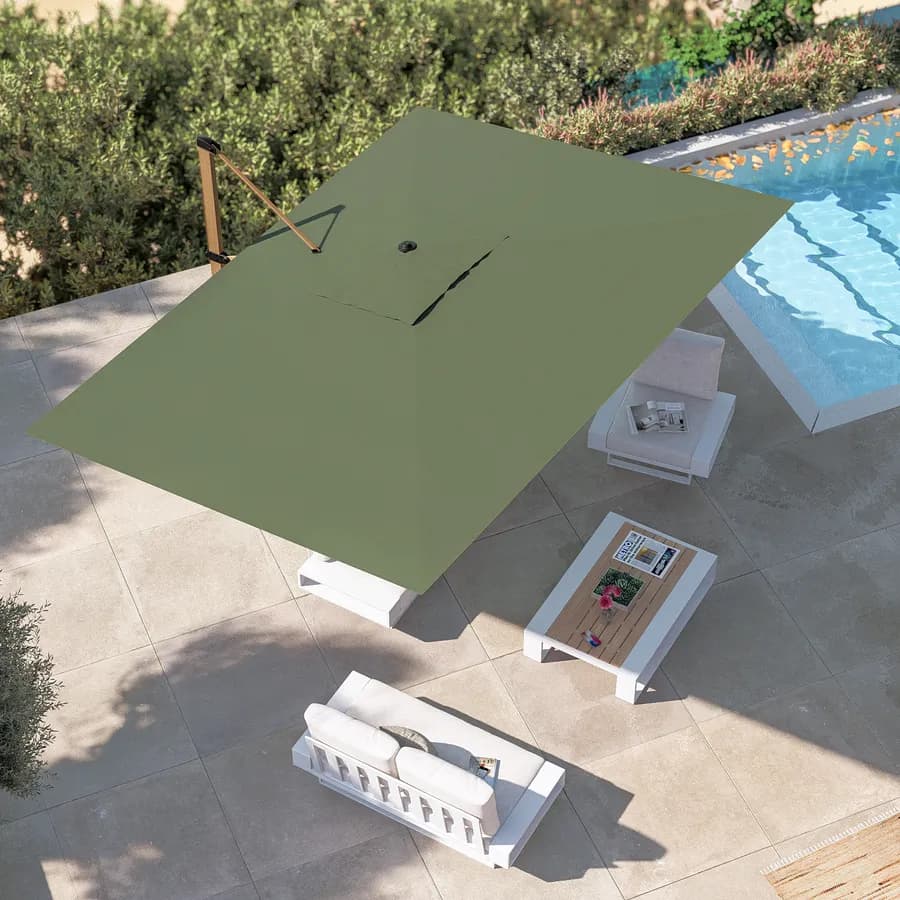 Ombrellone da giardino 3x4 m con palo laterale effetto legno e telo in tessuto olefin verde venere - Saguaro
