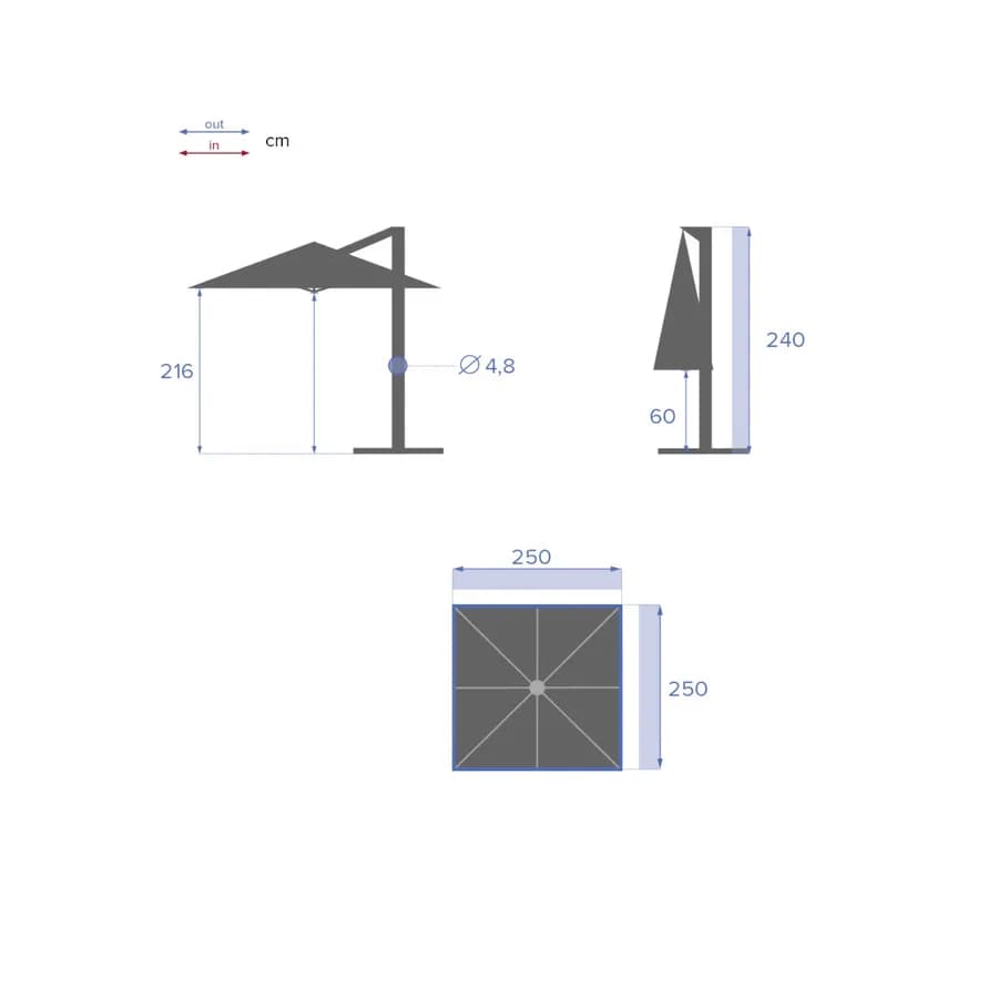 Ombrellone palo laterale 2,5x2,5 m con telo tortora - Cannes