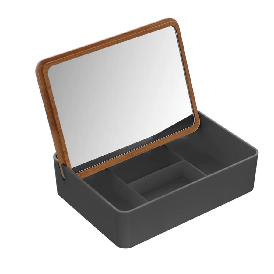 Organizer portatrucchi con specchio in resina grigio e bambù - Jilly