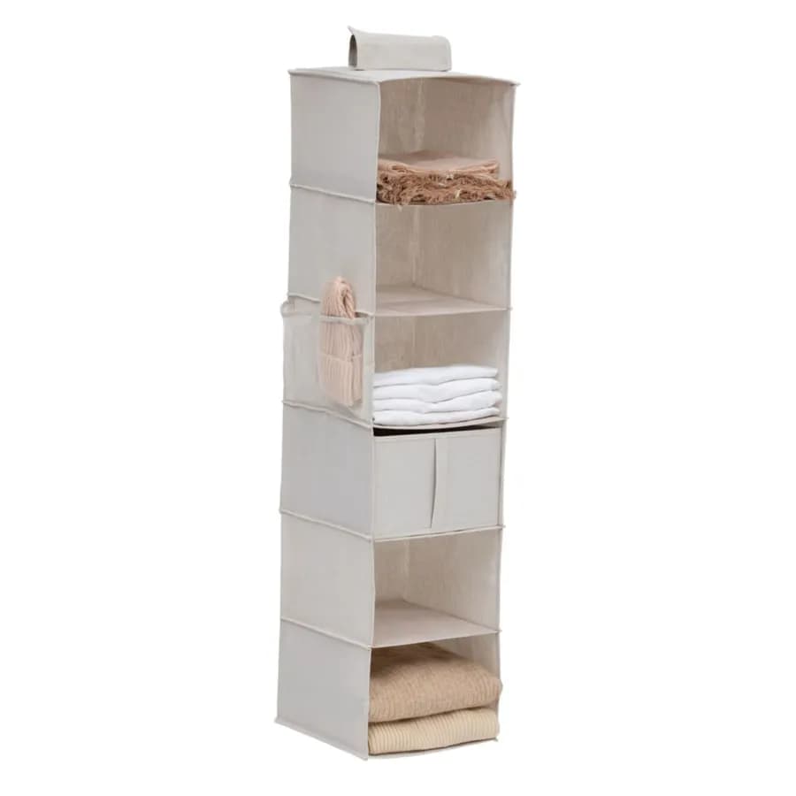Organizer verticale 127h cm per armadio effetto tessuto beige con 6 ripiani e cassetto - Anya