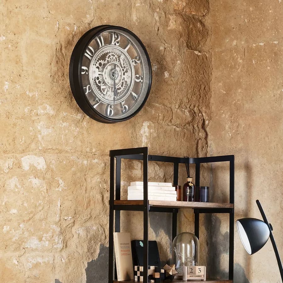 Orologio da parete rotondo 50 cm effetto metallo ossidato e nero con ingranaggi a vista