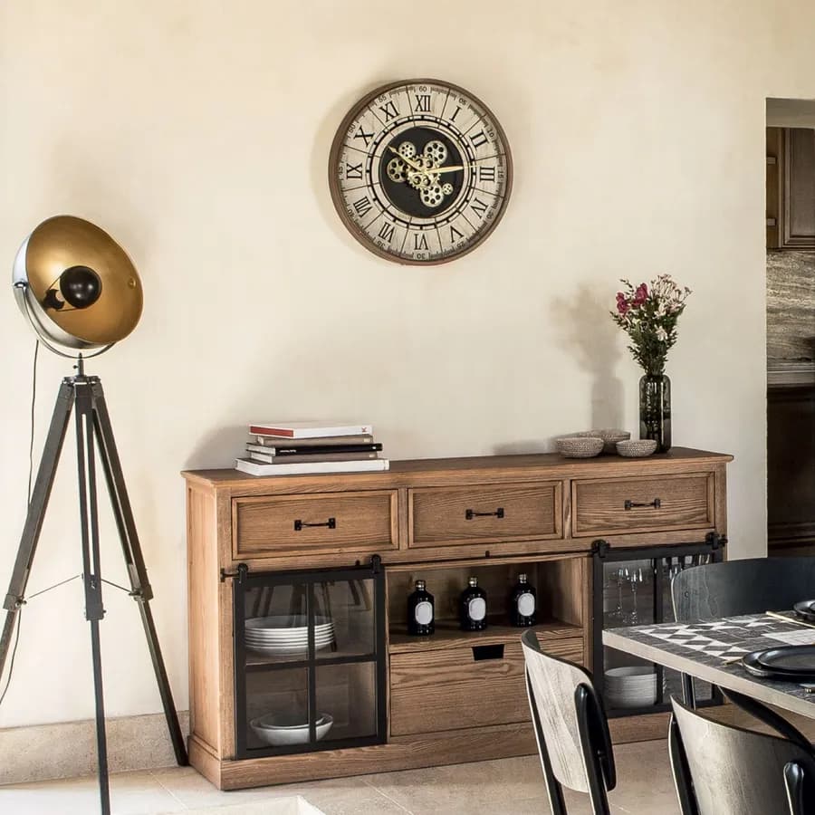 Orologio da parete rotondo 57 cm in legno e metallo color bronzo con ingranaggi oro