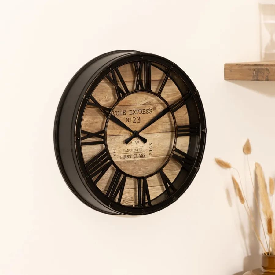 Orologio rotondo 39 cm effetto legno e metallo nero anticato