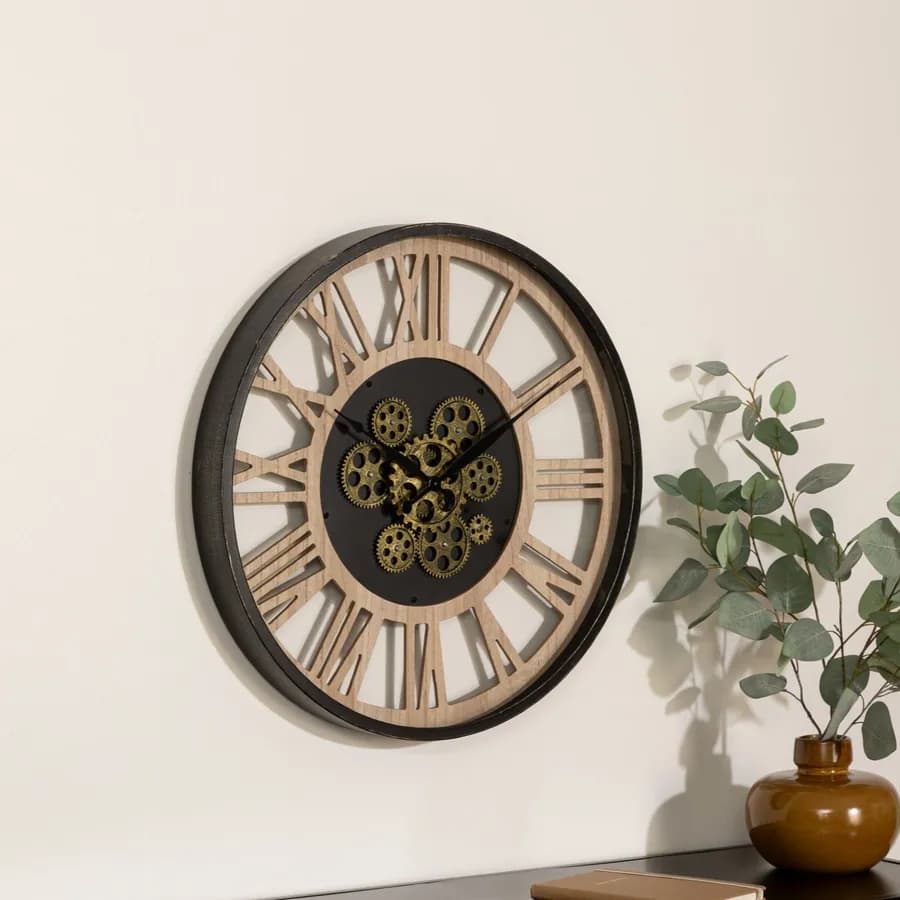 Orologio rotondo 57 cm in legno e metallo con ingranaggi mobili