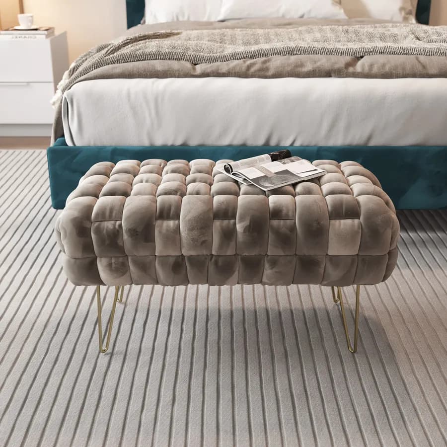 Panca 77x43h cm in velluto intrecciato tortora con gambe in metallo oro - Jagger
