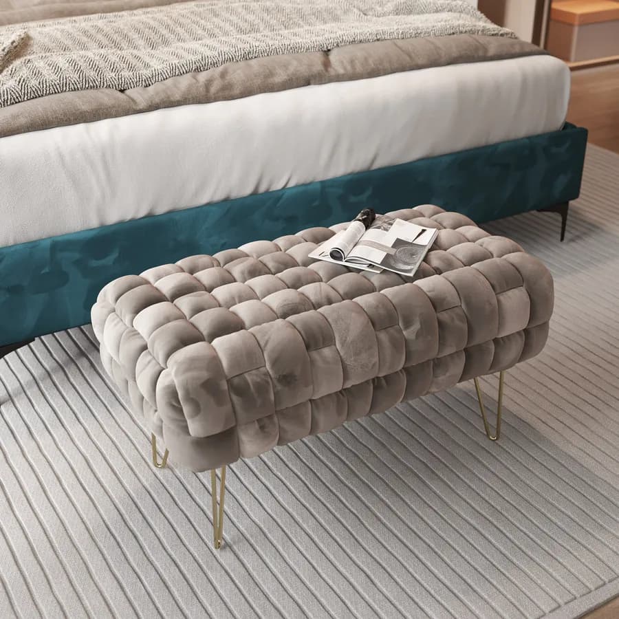 Panca 77x43h cm in velluto intrecciato tortora con gambe in metallo oro - Jagger