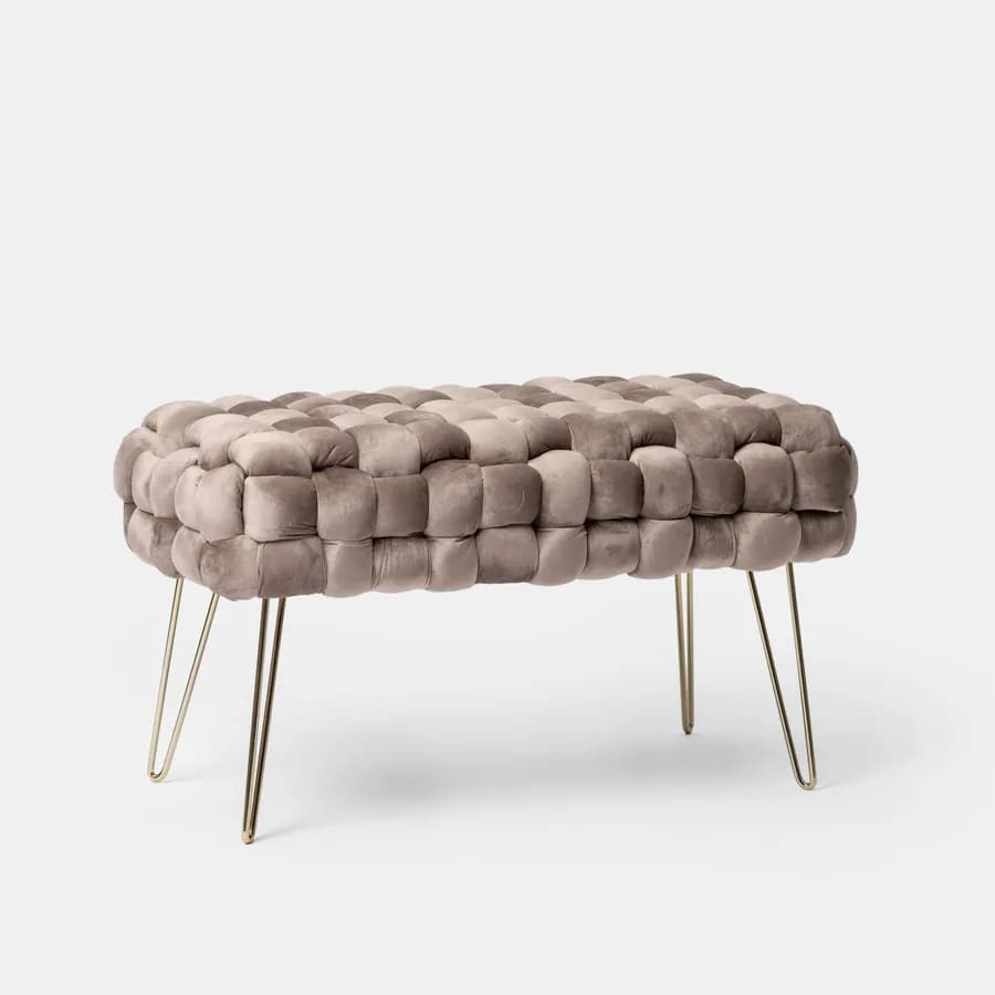 Panca 77x43h cm in velluto intrecciato tortora con gambe in metallo oro - Jagger
