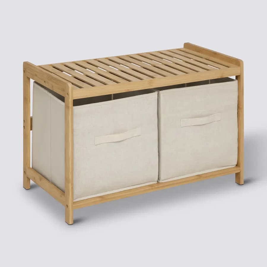 Panca contenitore 67x44h cm in bambù naturale con 2 cassetti in tessuto bianco - Lascaux