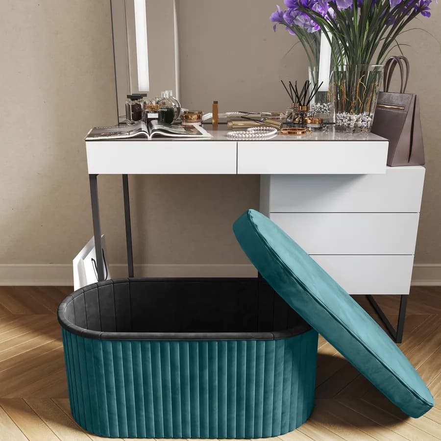 Panca contenitore 78x38 cm in velluto a coste blu petrolio con seduta imbottita - French