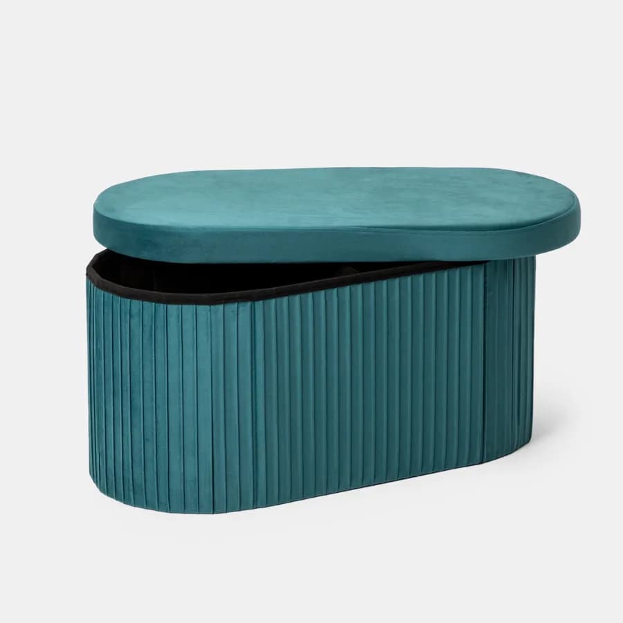 Panca contenitore 78x38 cm in velluto a coste blu petrolio con seduta imbottita - French