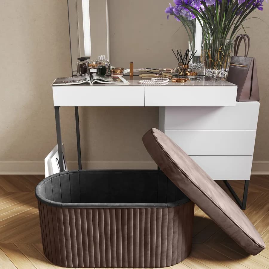 Panca contenitore 78x38 cm in velluto a coste cacao con seduta imbottita - French