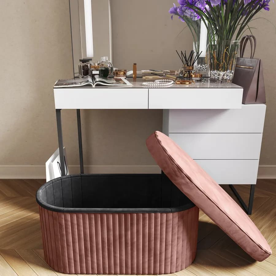 Panca contenitore 78x38 cm in velluto a coste rosa antico con seduta imbottita - French