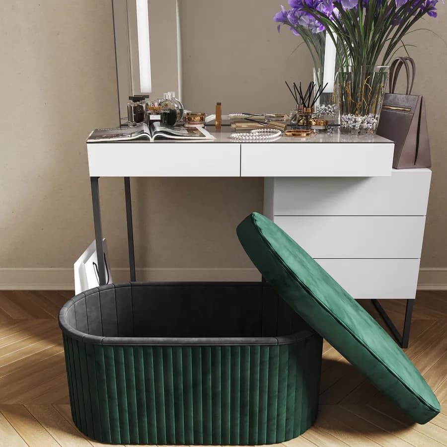 Panca contenitore 78x38 cm in velluto a coste verde bosco con seduta imbottita - French