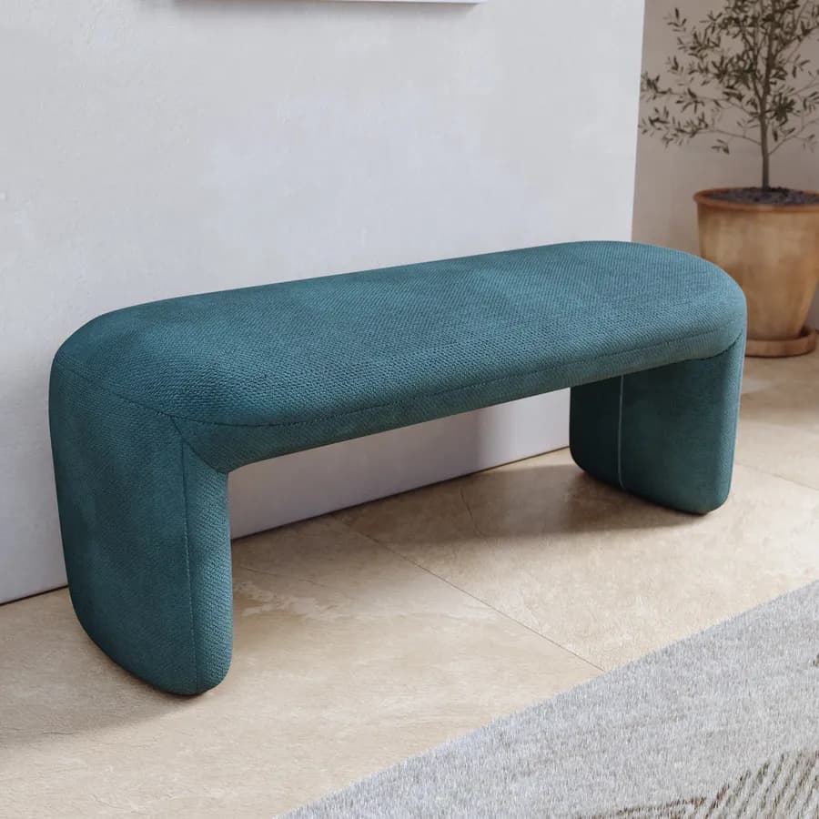 Panca imbottita 110x45 cm in tessuto effetto maglia blu petrolio - Ticus