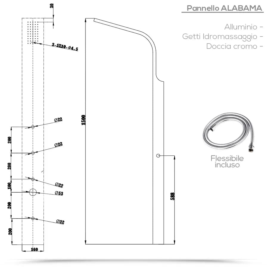 Pannello doccia alluminio silver con doccetta cromata e getti idromassaggio - Alabama