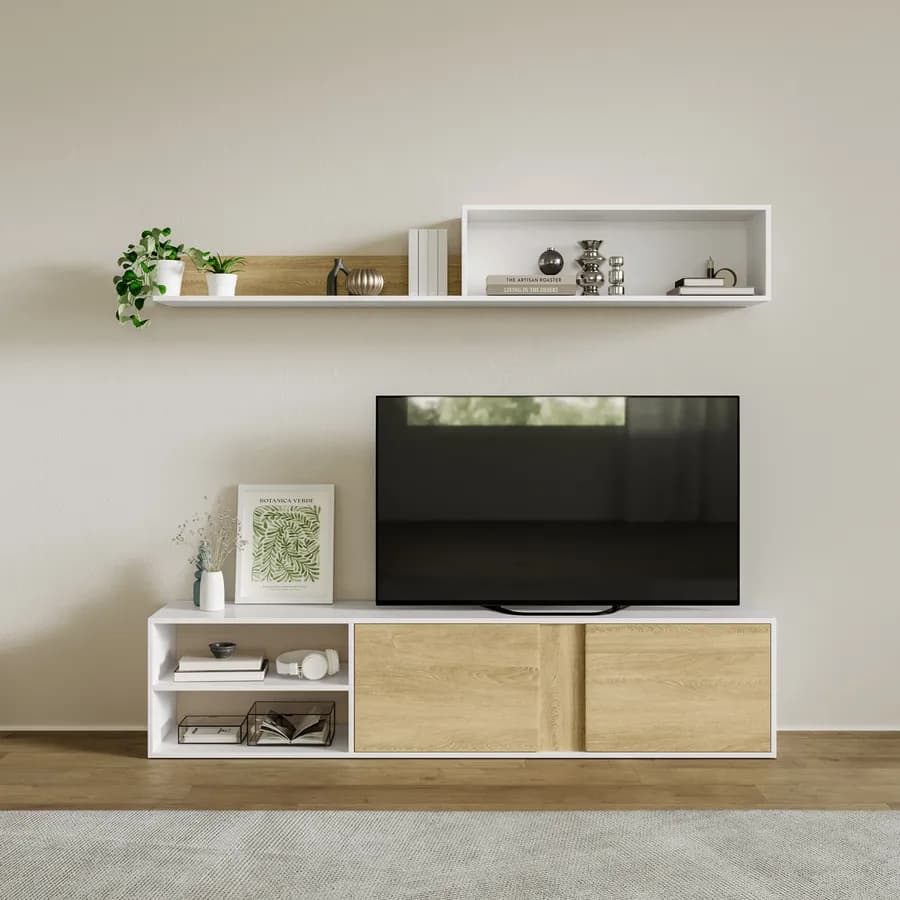 Parete attrezzata 180 cm in legno naturale e bianco opaco con pensile - Atlanta