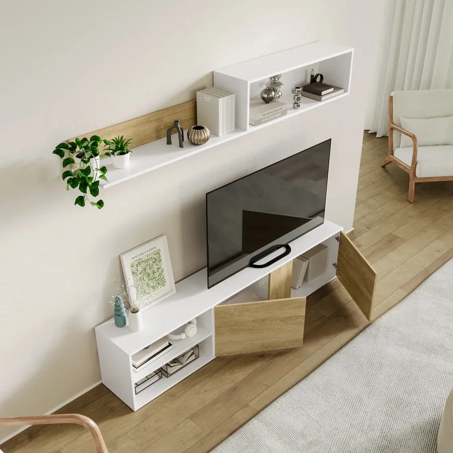 Parete attrezzata 180 cm in legno naturale e bianco opaco con pensile - Atlanta