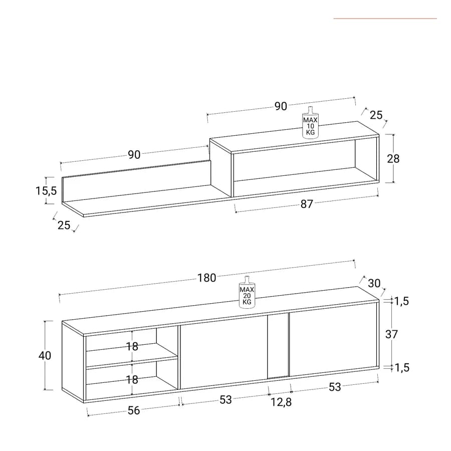 Parete attrezzata 180 cm in legno naturale e bianco opaco con pensile - Atlanta