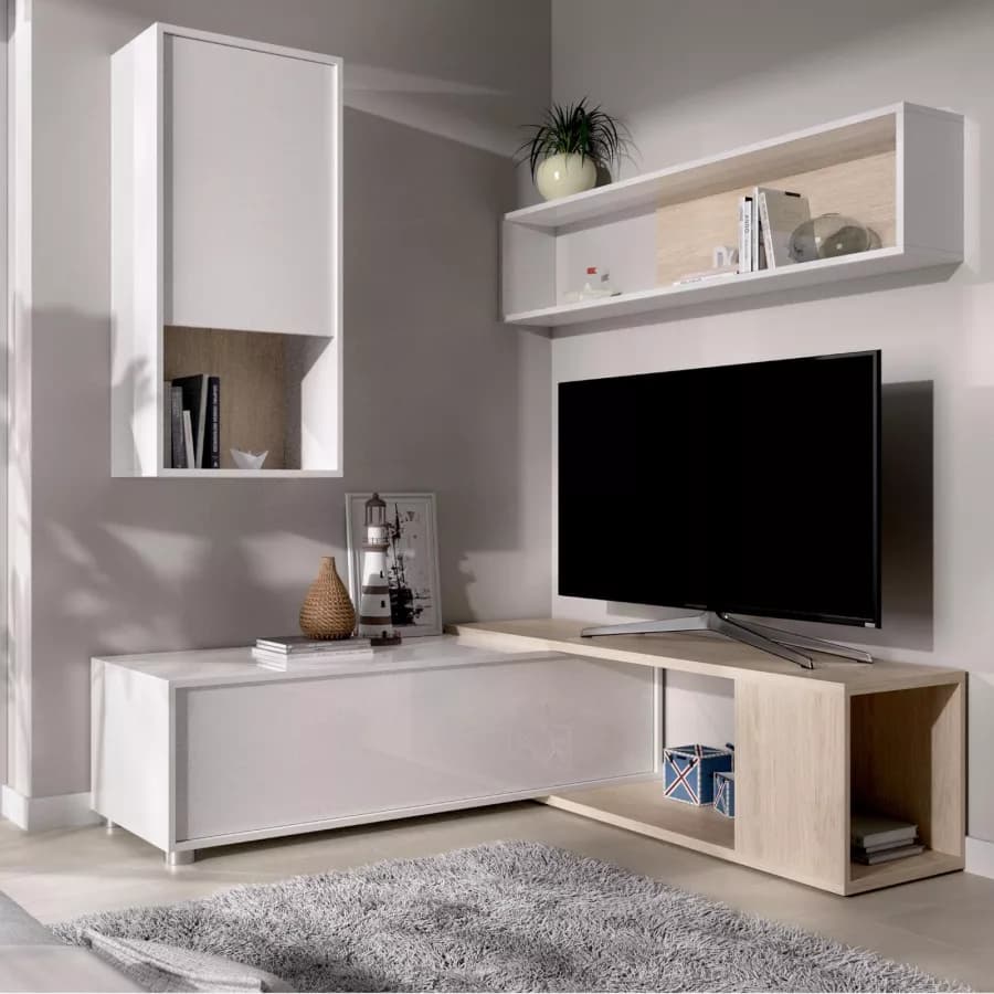 Parete attrezzata 180-230 cm in legno bianco lucido e naturale - Macy