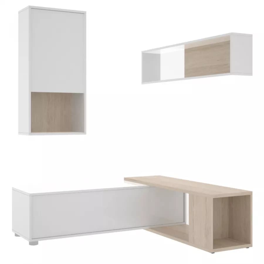 Parete attrezzata 180-230 cm in legno bianco lucido e naturale - Macy