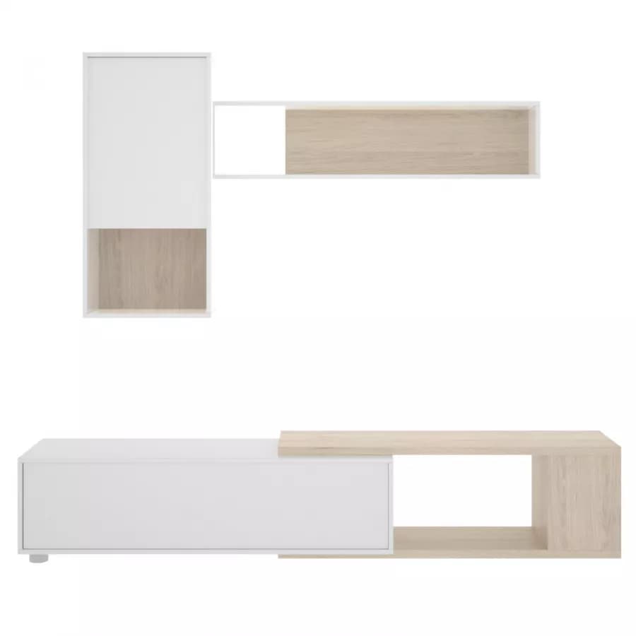 Parete attrezzata 180-230 cm in legno bianco lucido e naturale - Macy