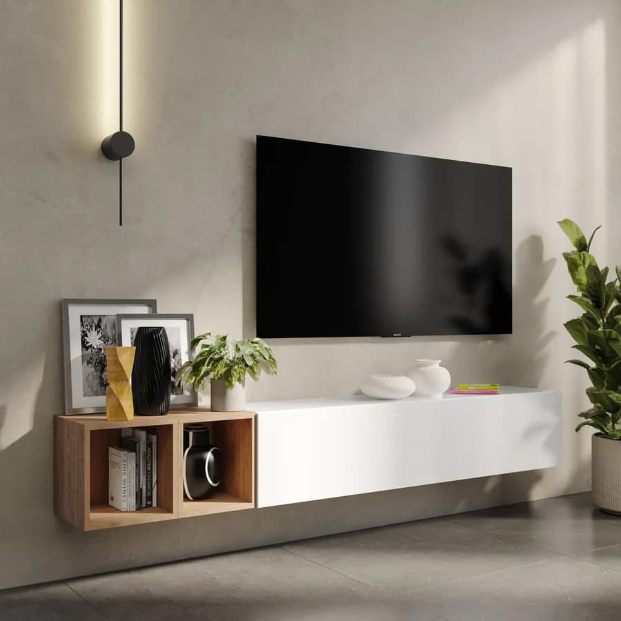 Porta tv sospeso 194x29x28h cm con pensile a ribalta bianco lucido e coppia di cubi rovere cadiz - Clary