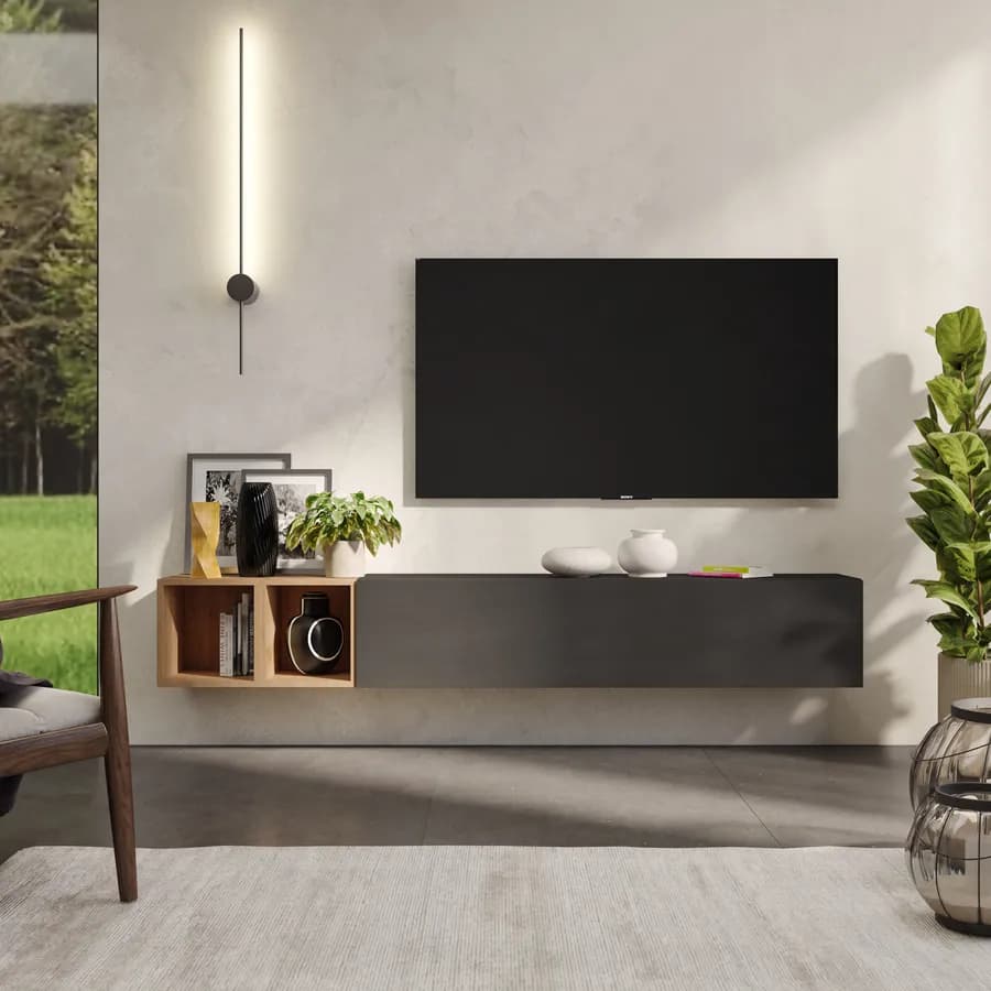 Porta tv sospeso 194x29x28h cm con pensile a ribalta lava e coppia di cubi rovere cadiz - Clary