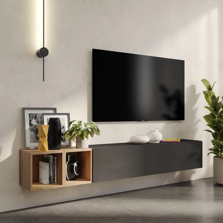 Porta tv sospeso 194x29x28h cm con pensile a ribalta lava e coppia di cubi rovere cadiz - Clary