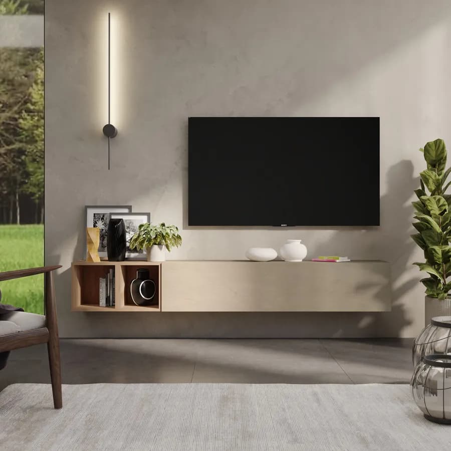 Porta tv sospeso 194x29x28h cm con pensile a ribalta argilla e coppia di cubi rovere cadiz - Clary