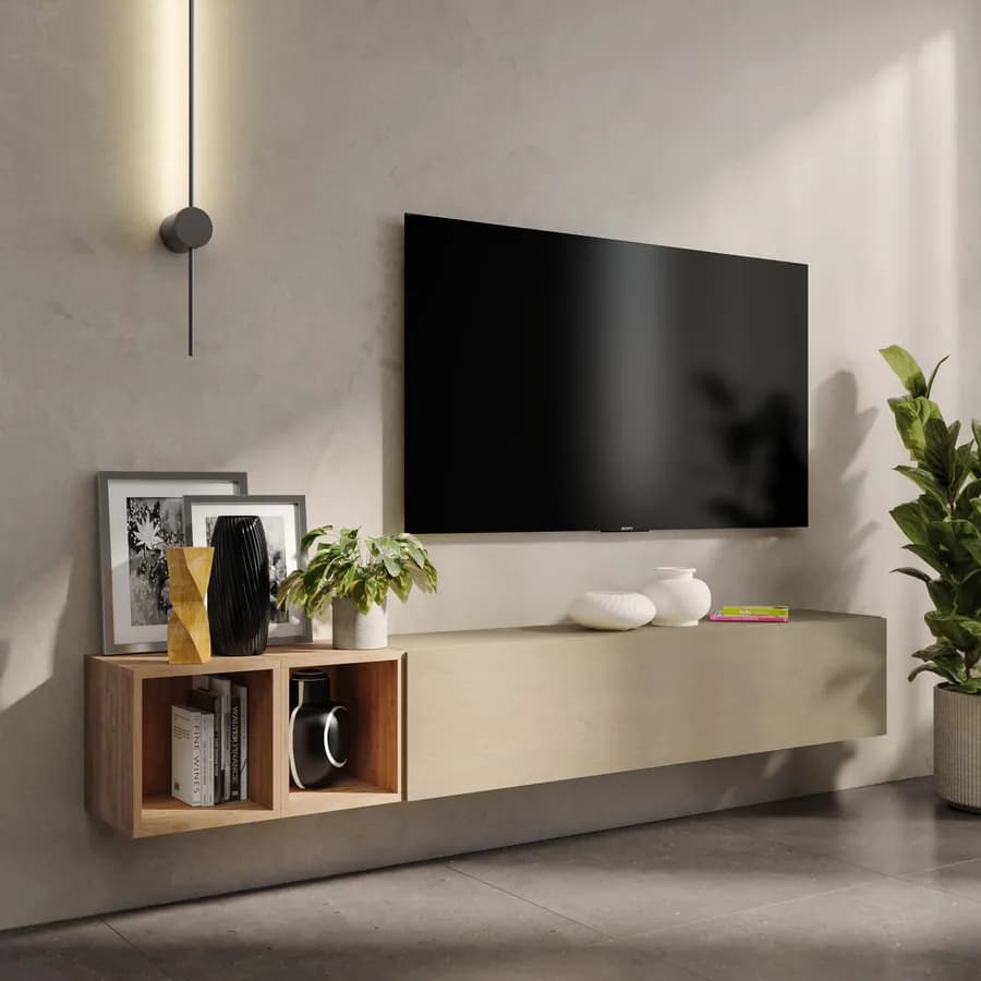 Porta tv sospeso 194x29x28h cm con pensile a ribalta argilla e coppia di cubi rovere cadiz - Clary