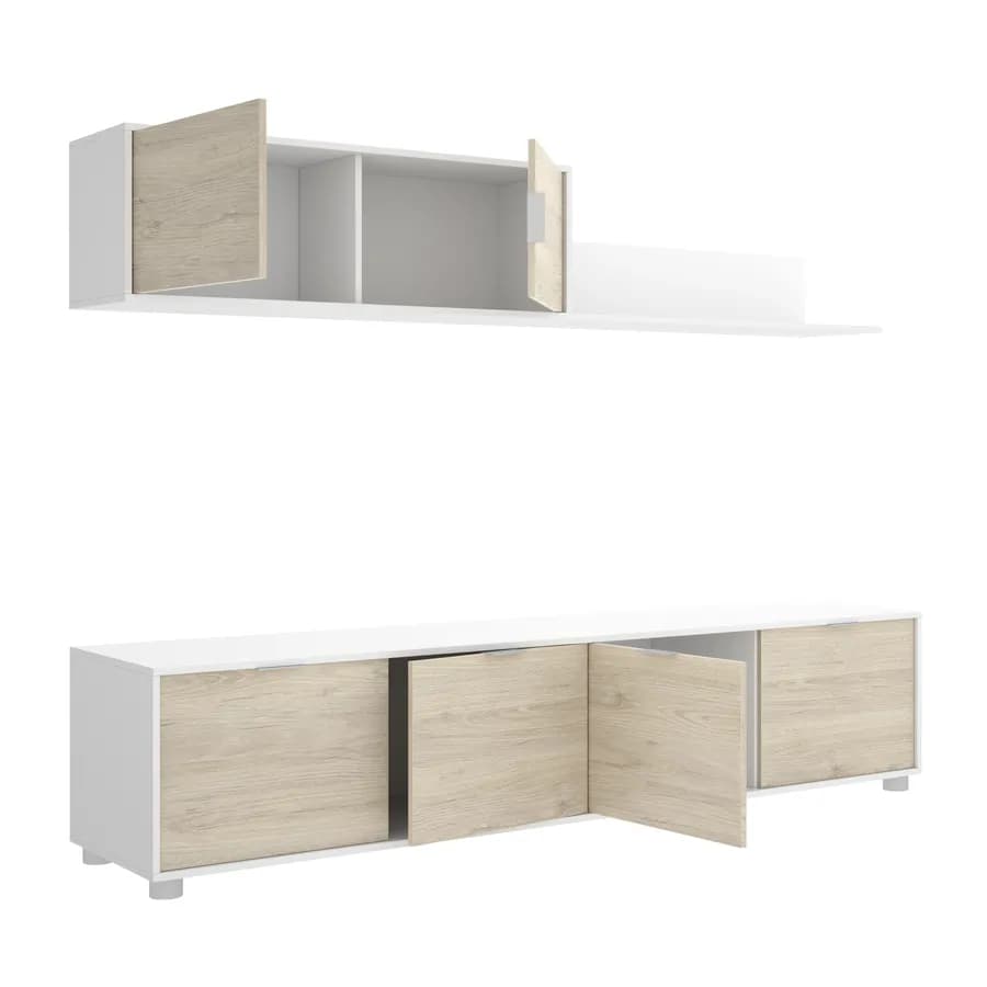 Parete attrezzata 200 cm bianco ed effetto rovere naturale con mensola e 5 ante - Lydia