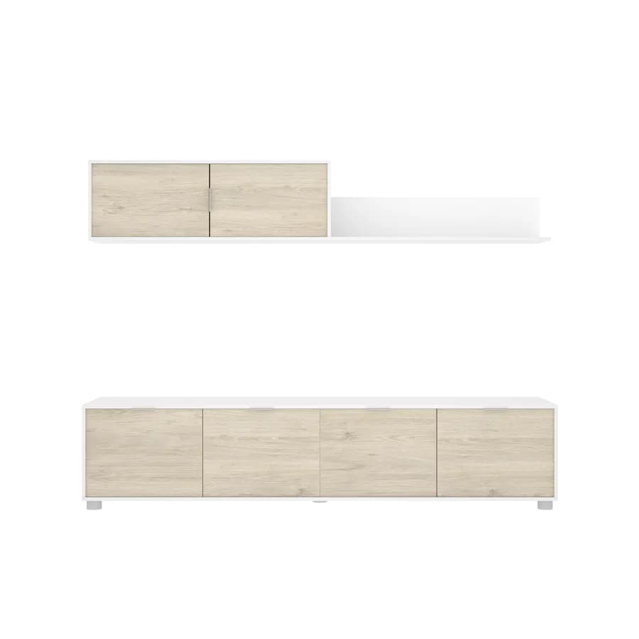 Parete attrezzata 200 cm bianco ed effetto rovere naturale con mensola e 5 ante - Lydia