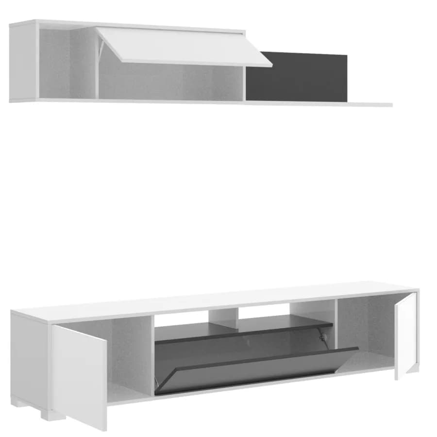 Parete attrezzata 200 cm in legno bianco lucido e grafite - Goya