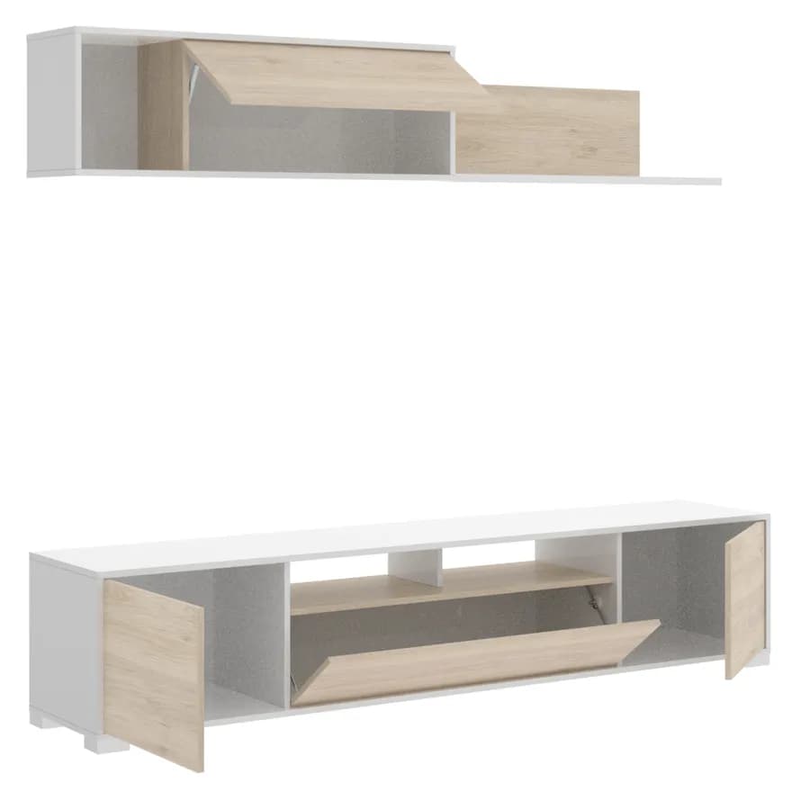 Parete attrezzata 200 cm reversibile in legno bianco lucido e naturale - Goya