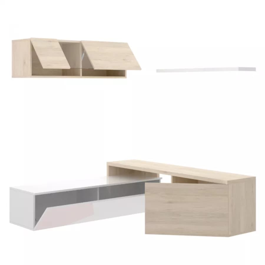 Parete attrezzata 201x180 h cm in legno bianco lucido e naturale - Dune