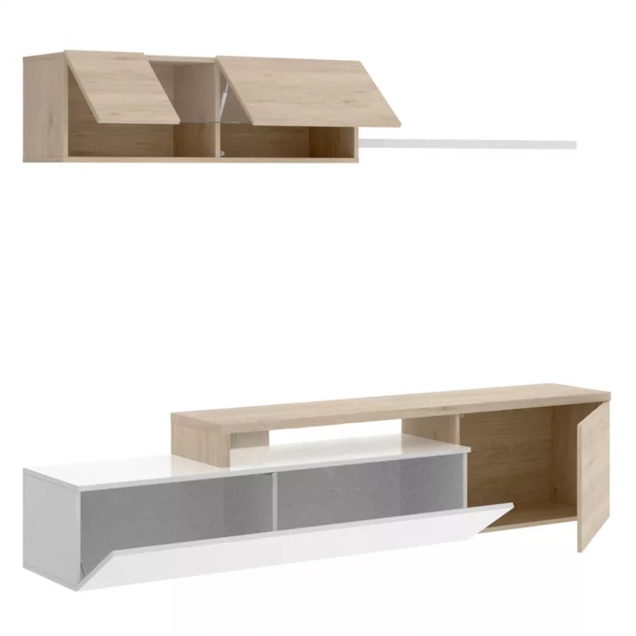 Parete attrezzata 201x180 h cm in legno bianco lucido e naturale - Dune