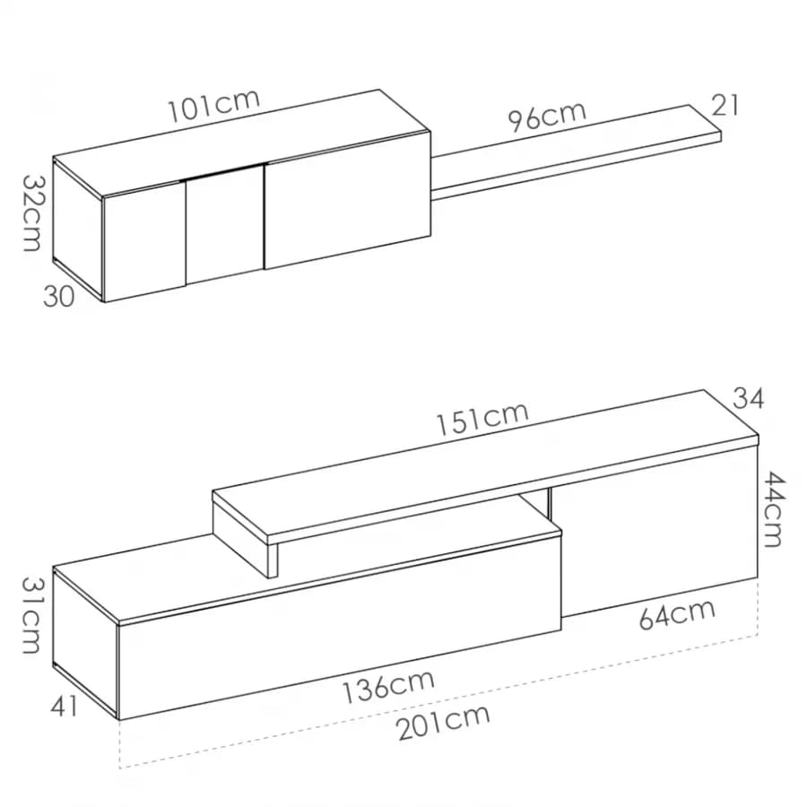 Parete attrezzata 201x180 h cm in legno bianco lucido e naturale - Dune