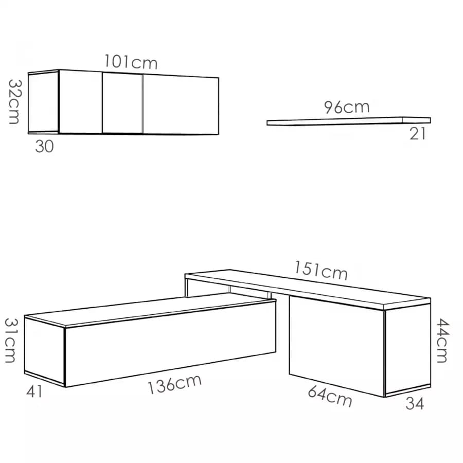 Parete attrezzata 201x180 h cm in legno bianco lucido e naturale - Dune