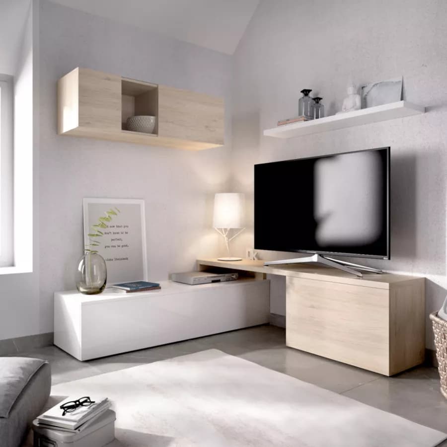 Parete attrezzata 201x180 h cm in legno bianco lucido e naturale - Dune