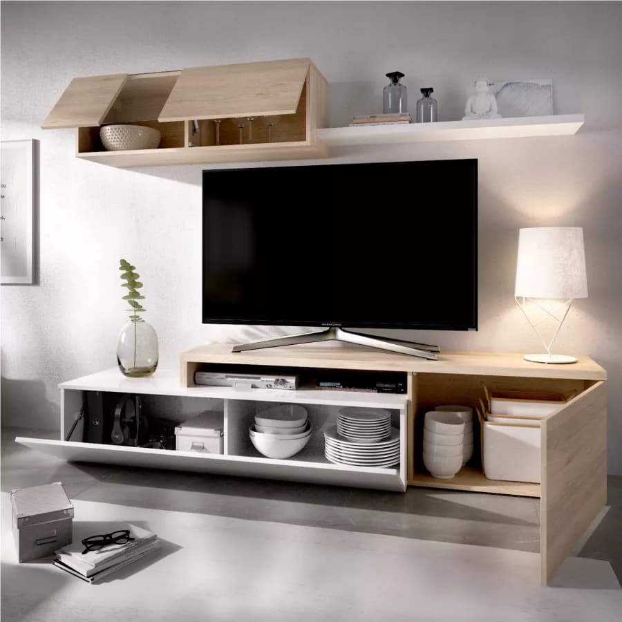 Parete attrezzata 201x180 h cm in legno bianco lucido e naturale - Dune