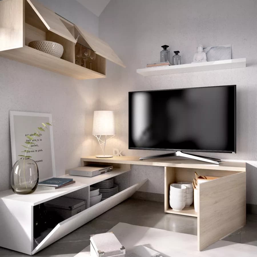 Parete attrezzata 201x180 h cm in legno bianco lucido e naturale - Dune