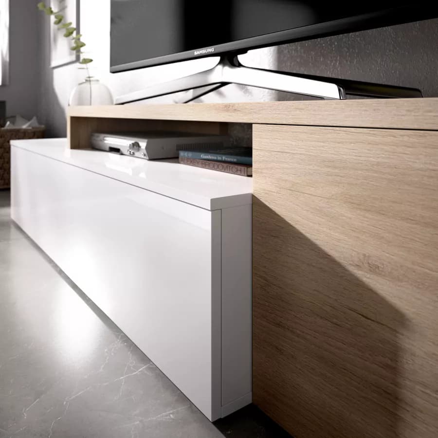 Parete attrezzata 201x180 h cm in legno bianco lucido e naturale - Dune