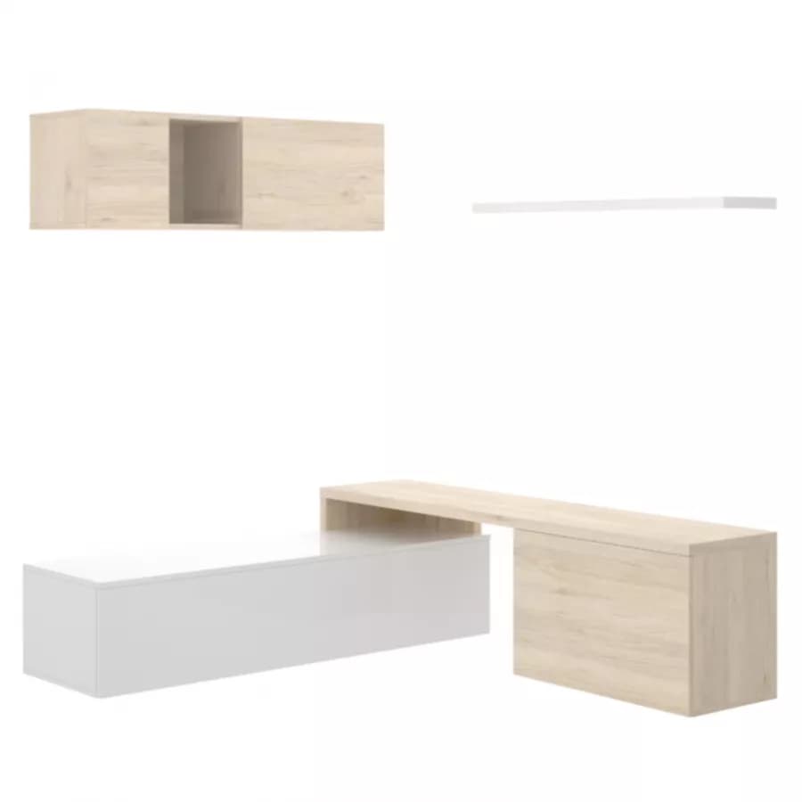 Parete attrezzata 201x180 h cm in legno bianco lucido e naturale - Dune