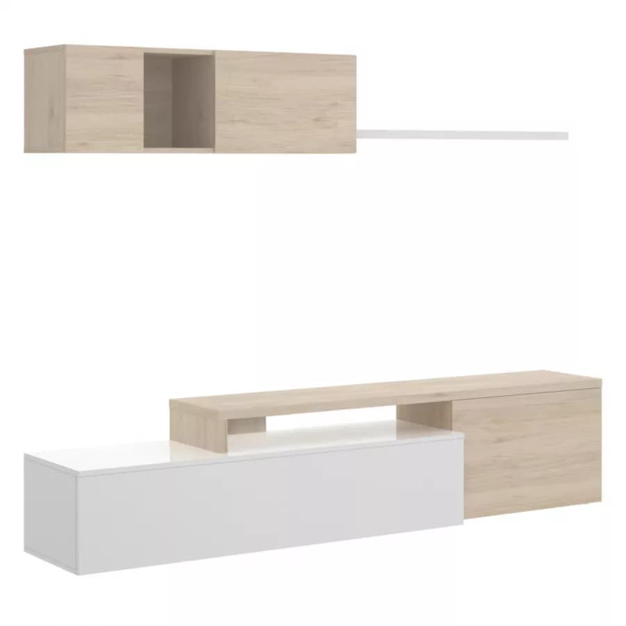 Parete attrezzata 201x180 h cm in legno bianco lucido e naturale - Dune